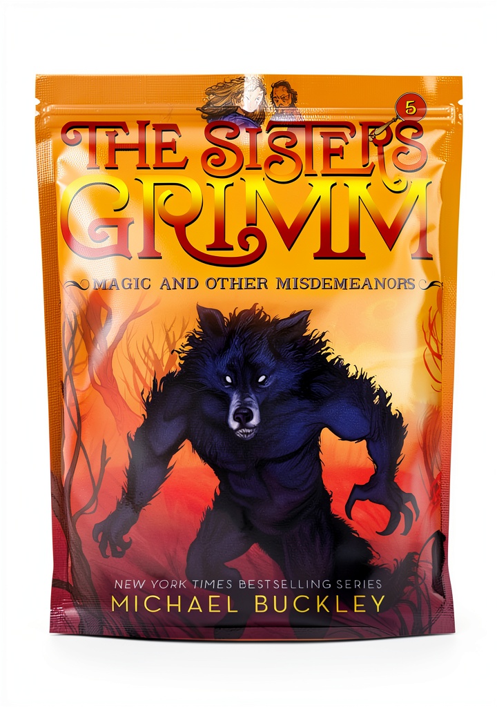 Installing The Sisters Grimm Book 5 Library Binding by Amulet Paperbacks on a wooden desk