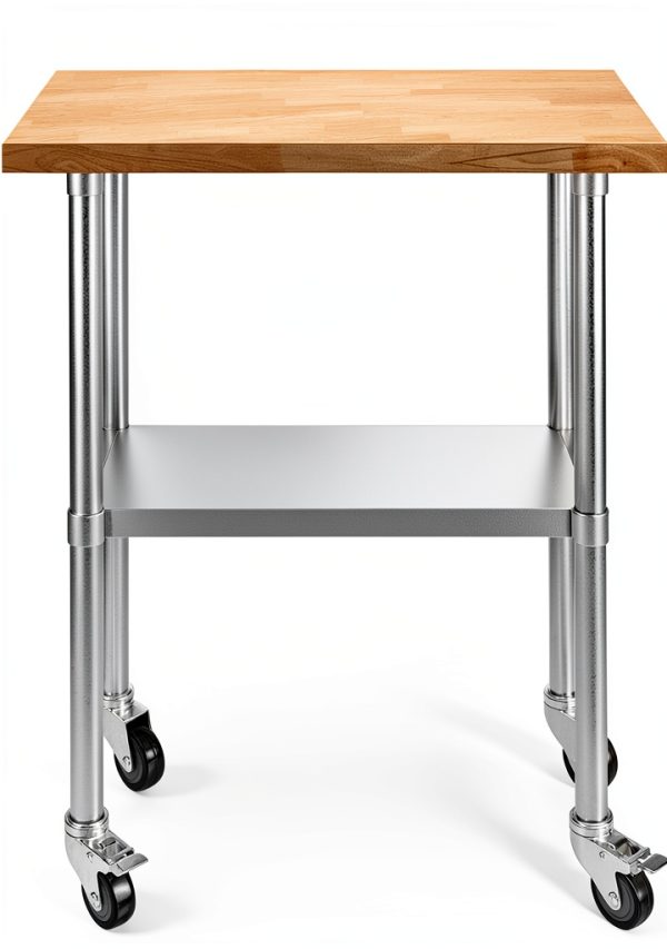 AmGood 18" x 36" Maple Wood Top Work Table with Adjustable Undershelf and Wheels-1