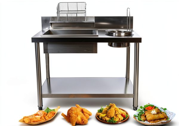 430 Stainless Steel Breading Station with 2 Baskets - 39.37 * 25.2 * 37.4in Commercial Food Prep Table for Frying, 55 lbs Capacity, Work Table for Chicken, Donuts, Fast Food Restaurant-6