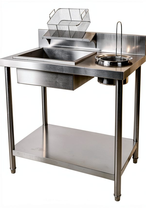 430 Stainless Steel Breading Station with 2 Baskets - 39.37 * 25.2 * 37.4in Commercial Food Prep Table for Frying, 55 lbs Capacity, Work Table for Chicken, Donuts, Fast Food Restaurant-0